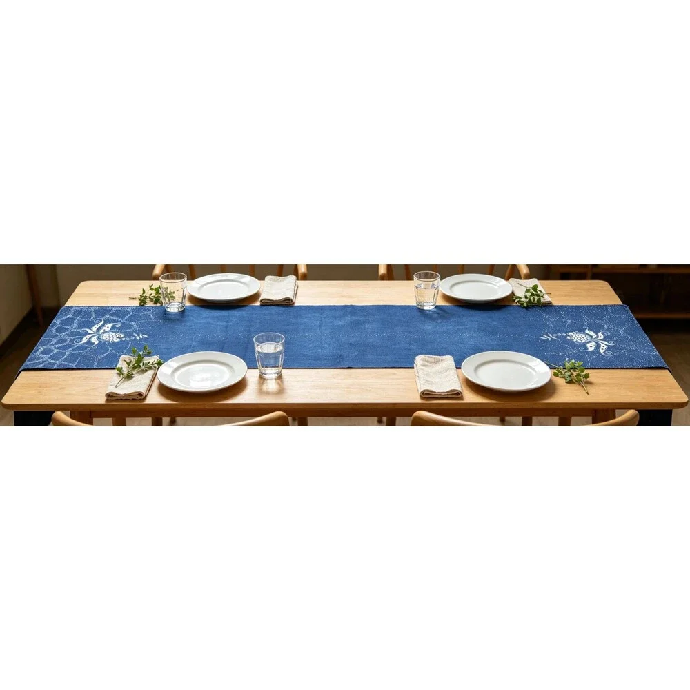 Indigo Batik Goldfish Table Runner | Handmade Cotton Dining Table Decor